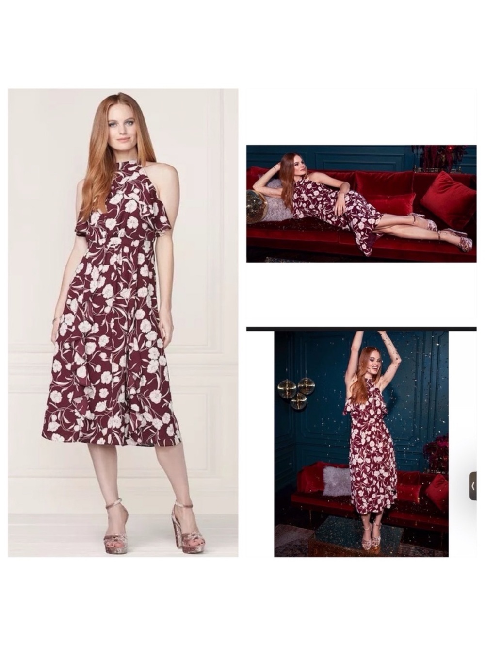 LC Lauren Conrad Ruffle Burgundy Floral Halter Midi Dress Size 4 - Picture 5 of 8